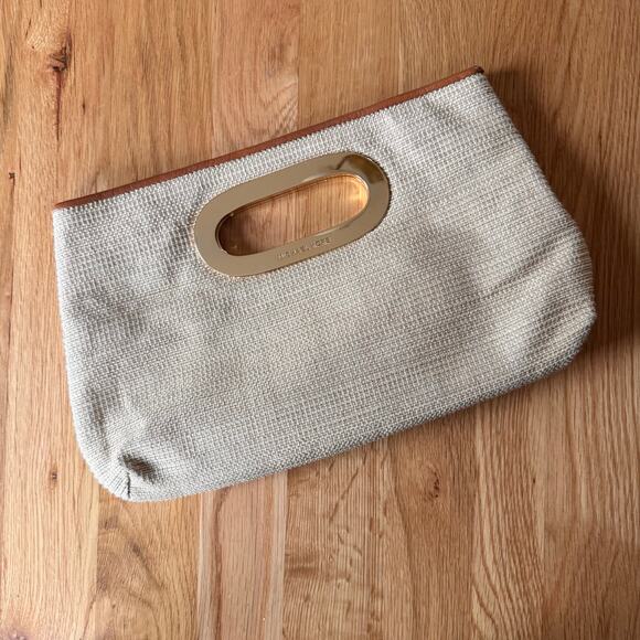 MICHAEL Michael Kors Raffia Top Handle Berkley Clutch Gold Tone Hardwear - Picture 1 of 9